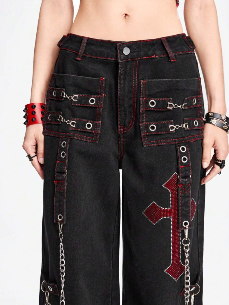 Grunge Punk Ladies Rhinestone Cross Embroidery Chicken Eye Design Wide Leg Loose Casual Jeans