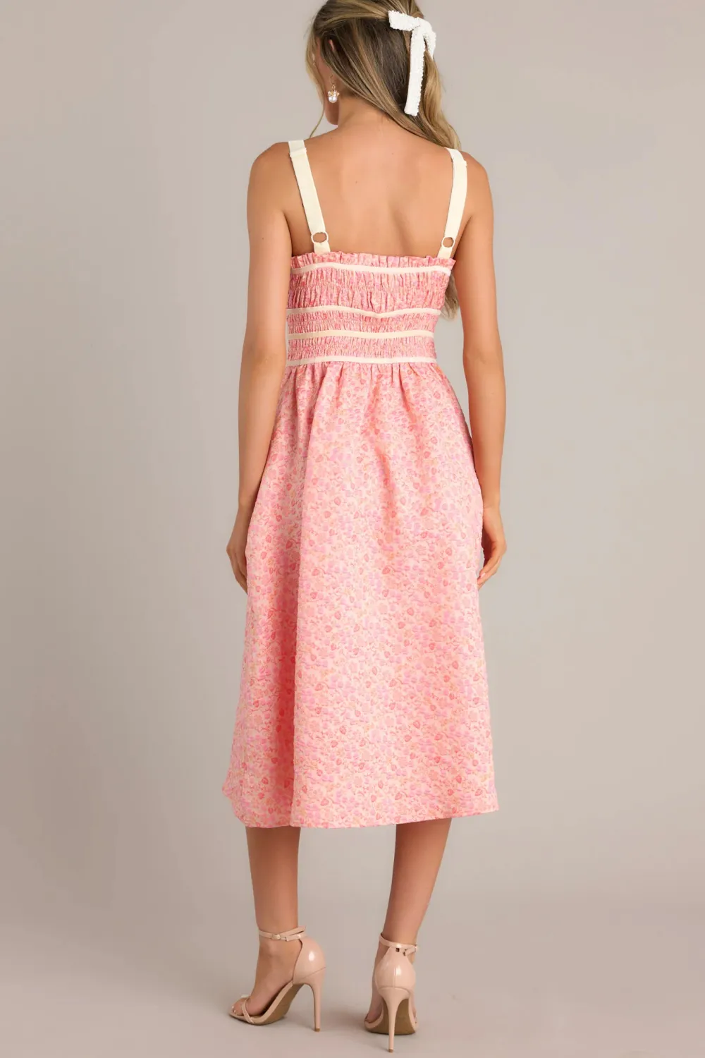 PETAL WALTZ PINK CORAL FLORAL JACQUARD MIDI DRESS