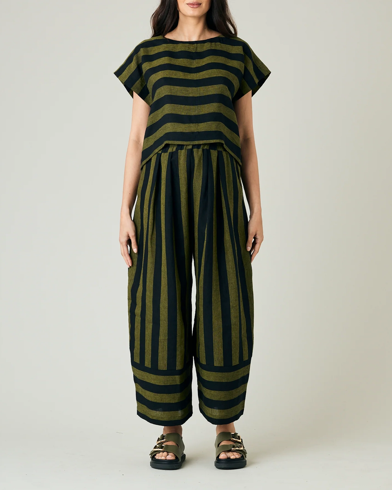 BOBBI BLACK & OLIVE STRIPE LINEN TROUSERS