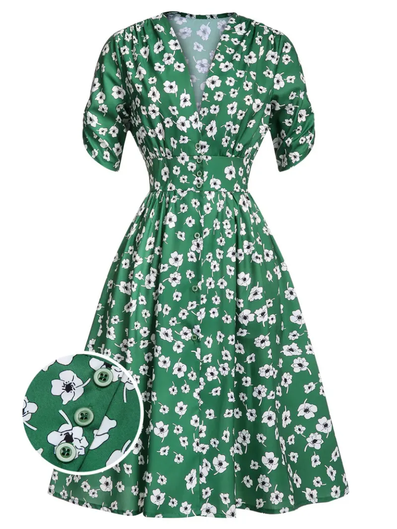 GREEN 1940S V-NECK FLORAL DRESS