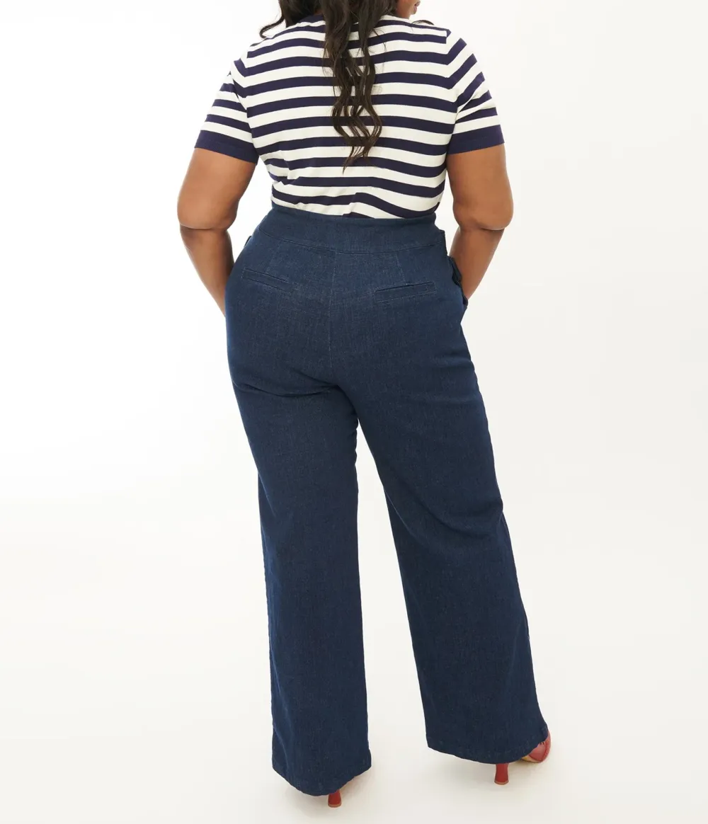 Unique Vintage Plus Size 1940s Denim High Waist Wide Leg Tab Pants