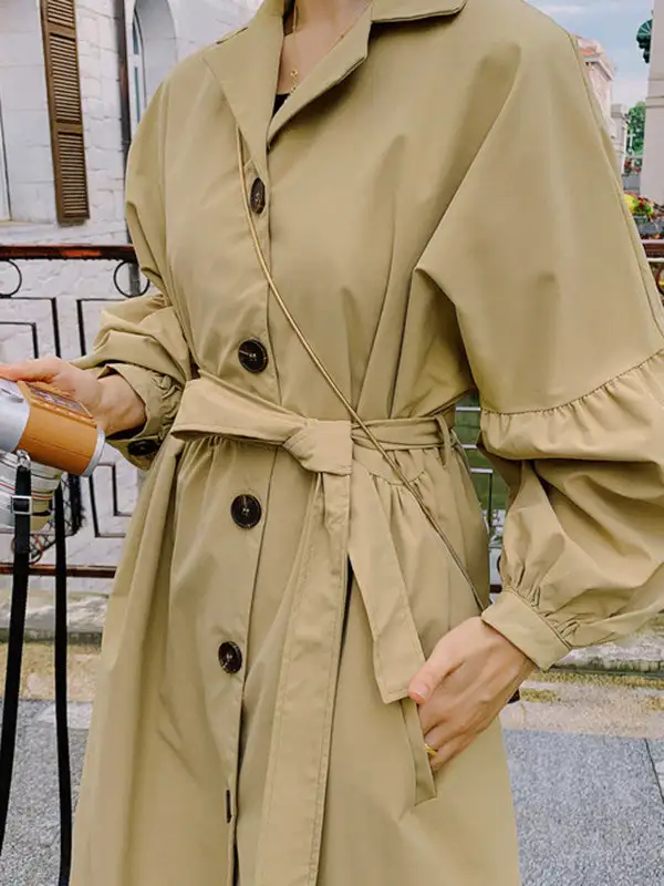 Casual Lose Tied Buttoned High-Waist Notched Collar Long Bishop Sleeves Trench Coat