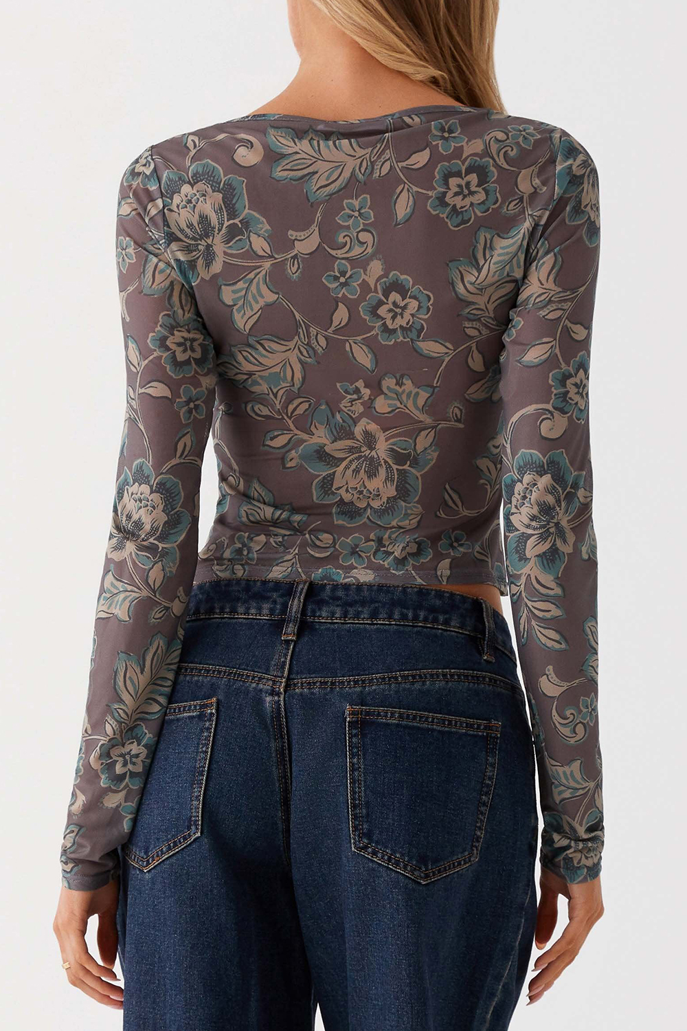 Long Sleeve Mesh Top - Brown Floral