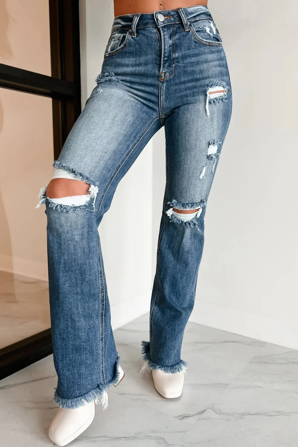 Tamren High Rise Distressed Risen Straight Leg Jeans