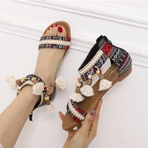 Bohemian Wedge Sandals Women European and American National Style Summer Open Toe Pendant Beads Tassel Travel Roman Sandals