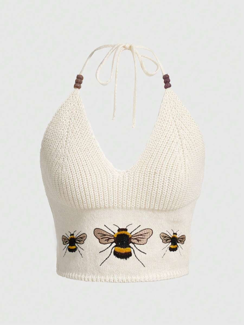 Fairycore Women Bee Embroidered Halter Knit Top