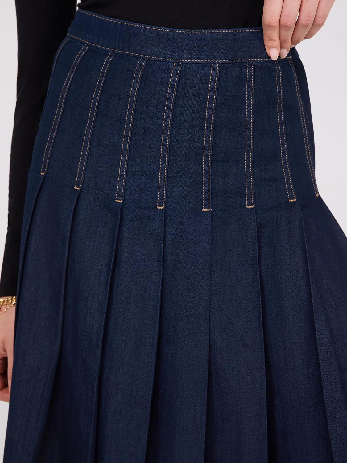 Denim Pleated Midi Skirt