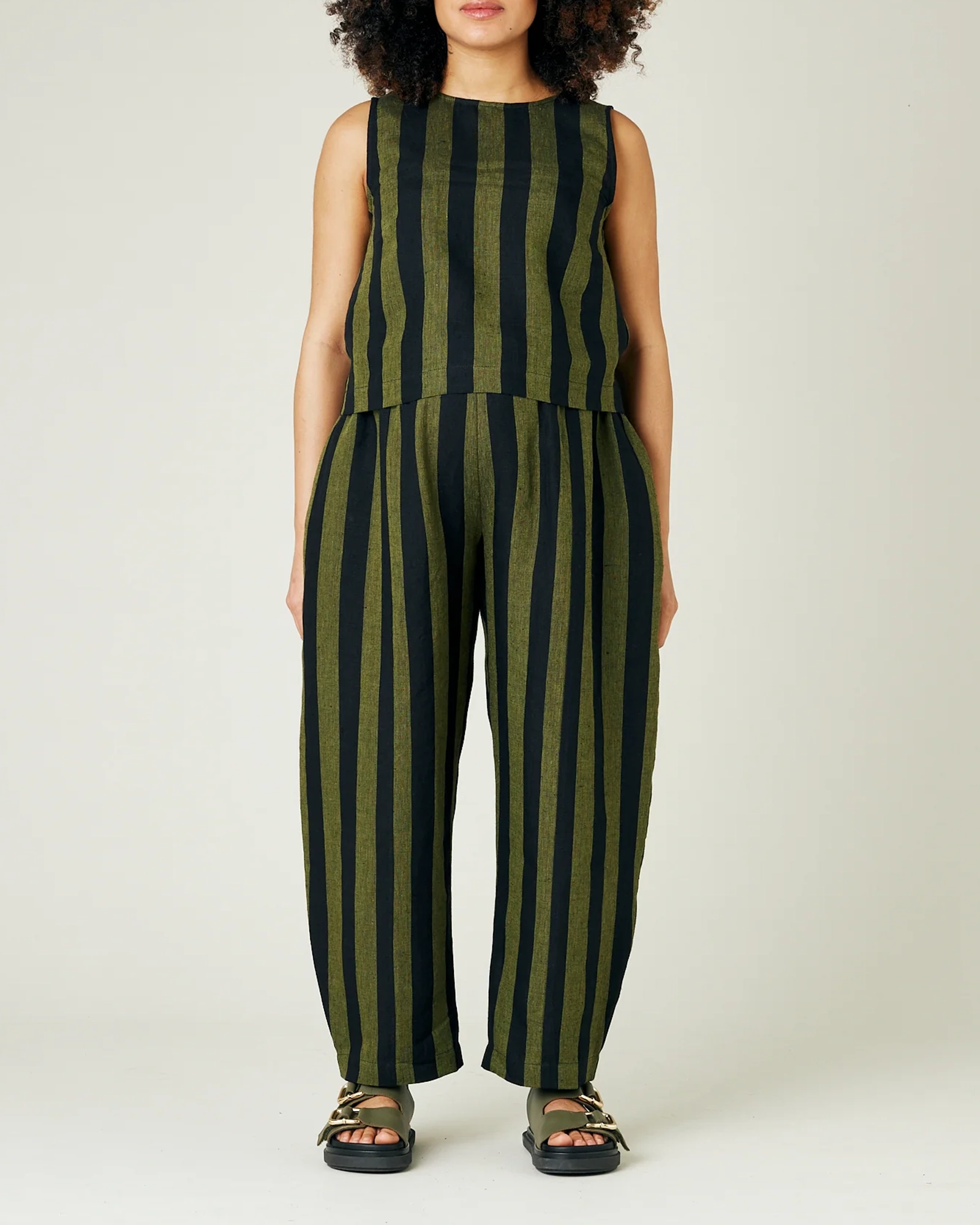 OLIVE AND BLACK STRIPE LINEN TROUSERS