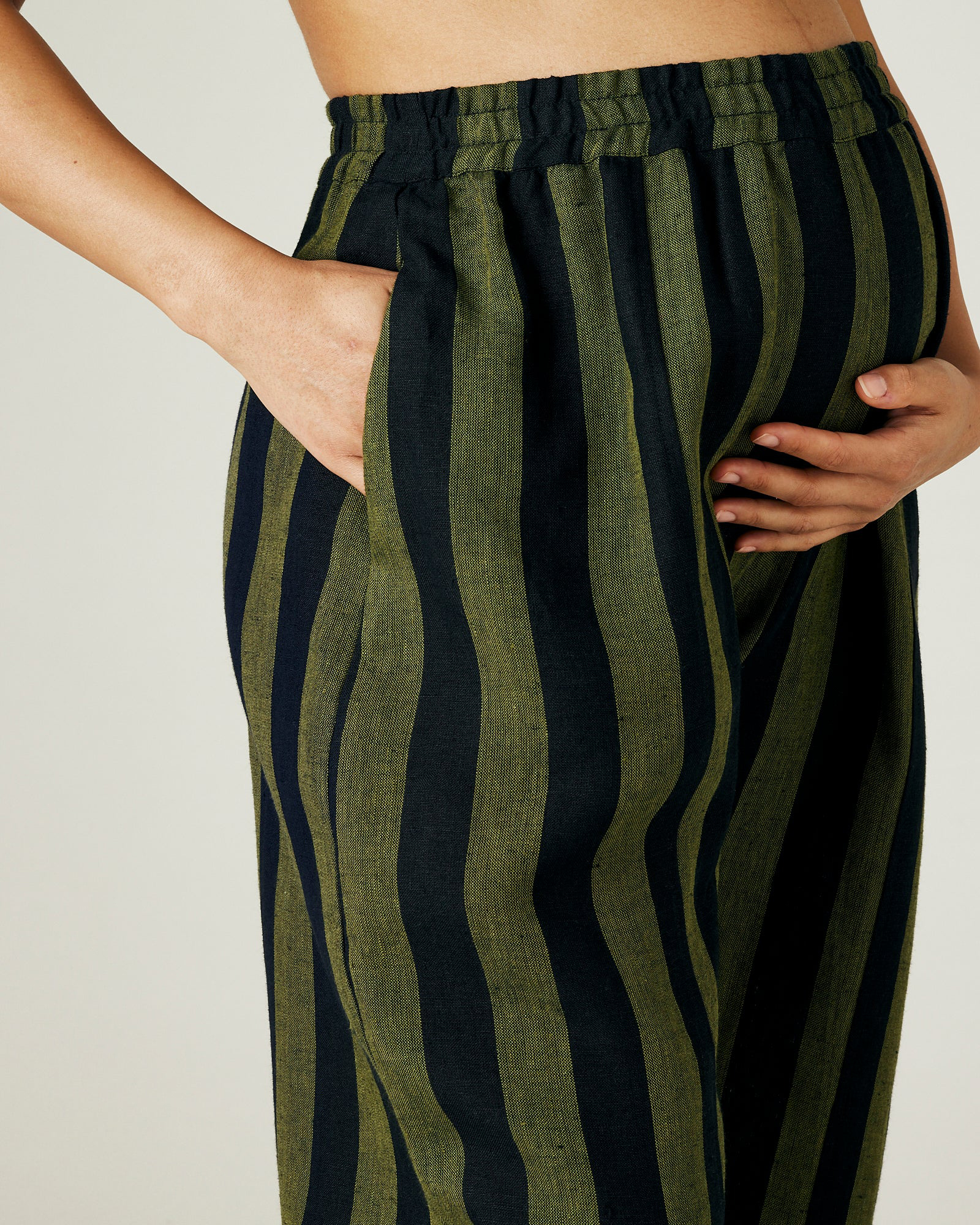 OLIVE AND BLACK STRIPE LINEN TROUSERS