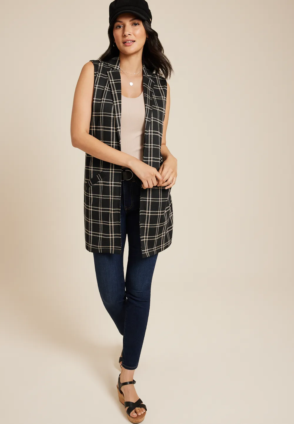 Windowpane Longline Blazer Vest