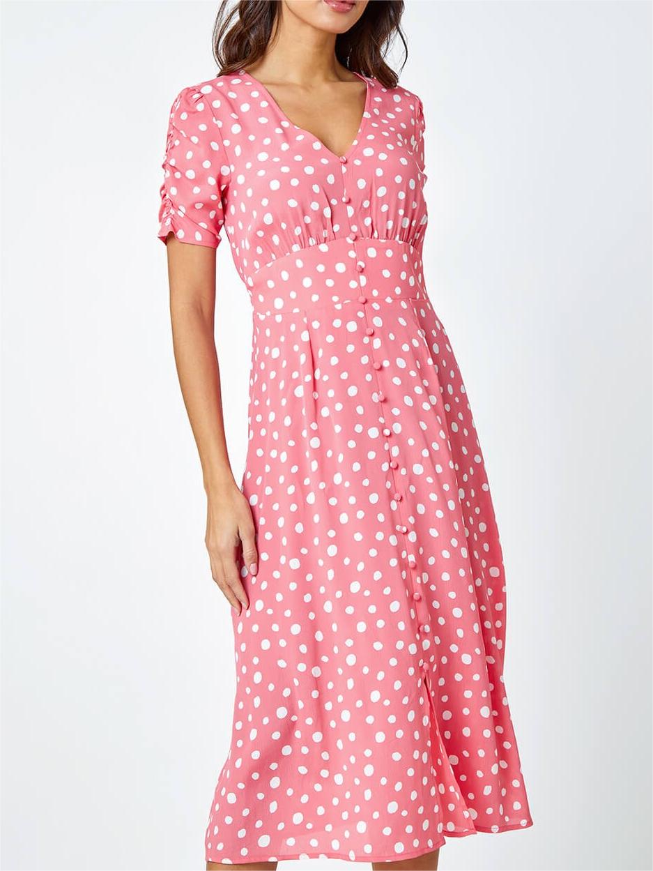 V-neck pink polka dot print dress