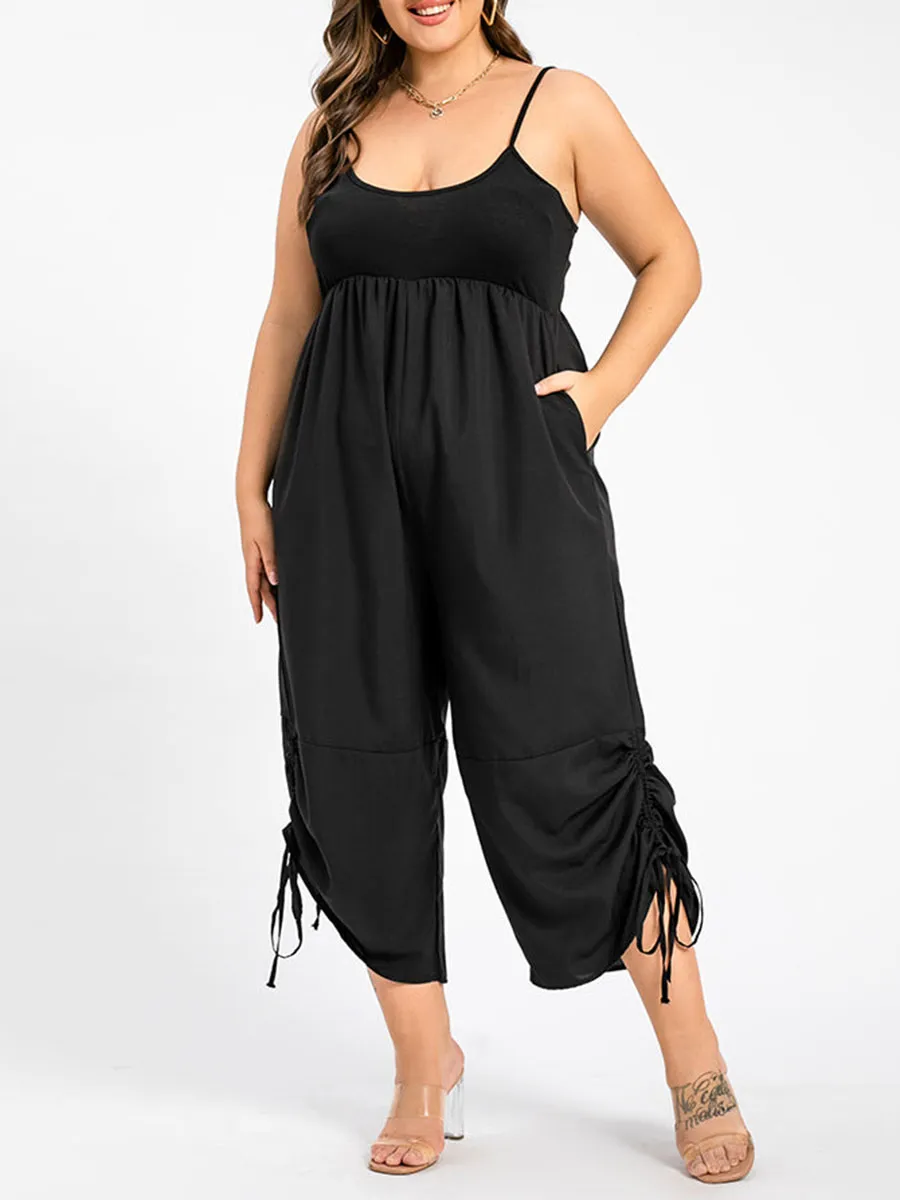 Plus Black Ruched Drawstring Hem Cami Jumpsuit