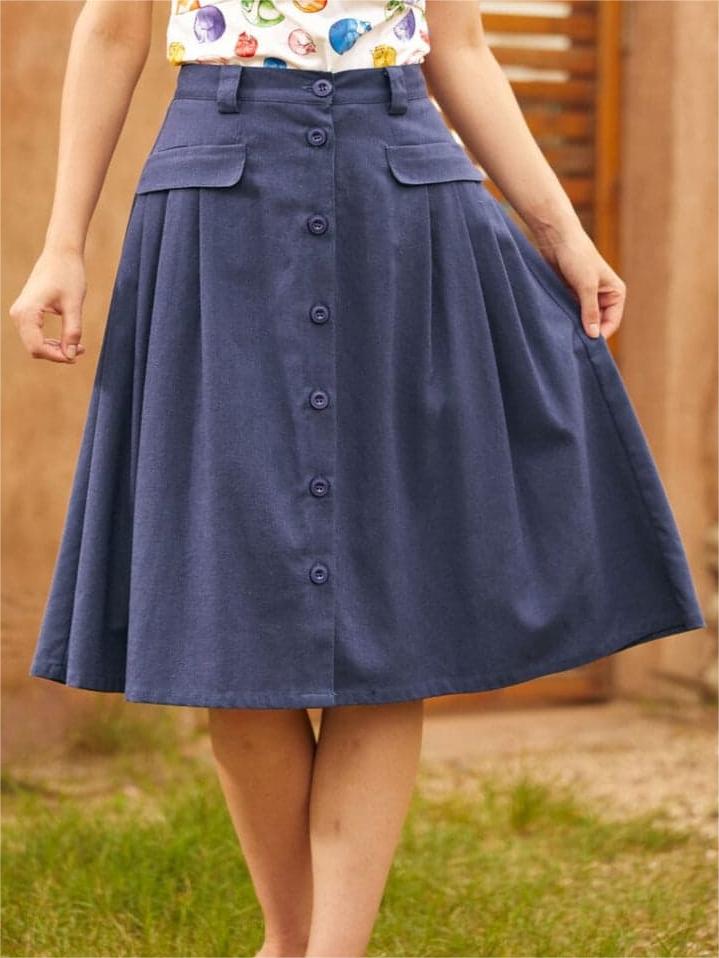 Navy Casual A-Line Button Skirts