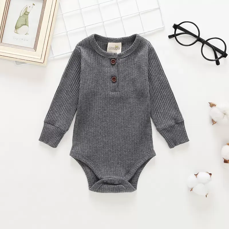 Newborn Baby Girl Boy Bodysuit Solid Color Crew Neck Jumpsuit Baby Girls Knit Cotton Long Sleeve Bodysuits Outfit Clothes 0-24M