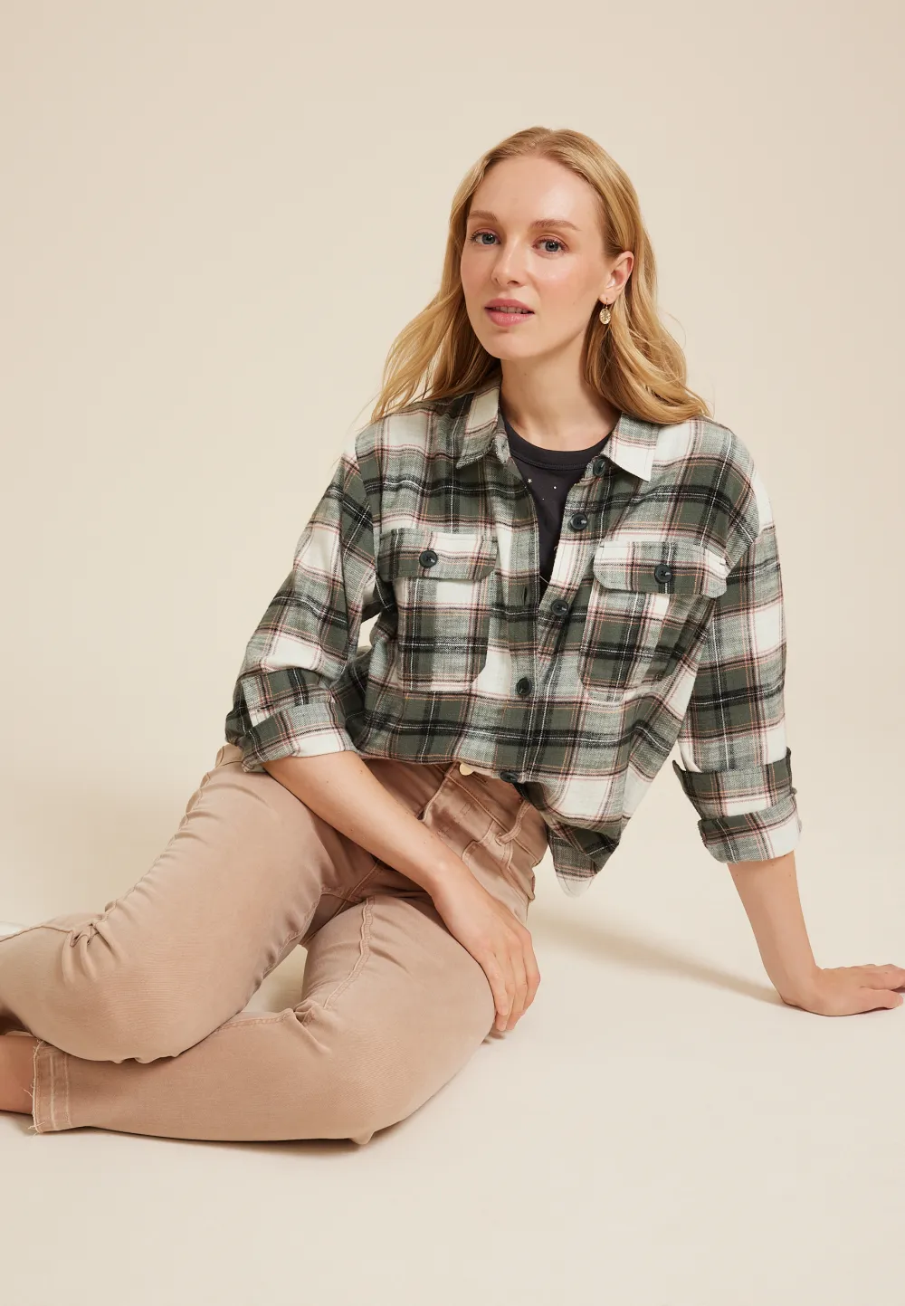 Shortie Utility Plaid Button Down Shirt