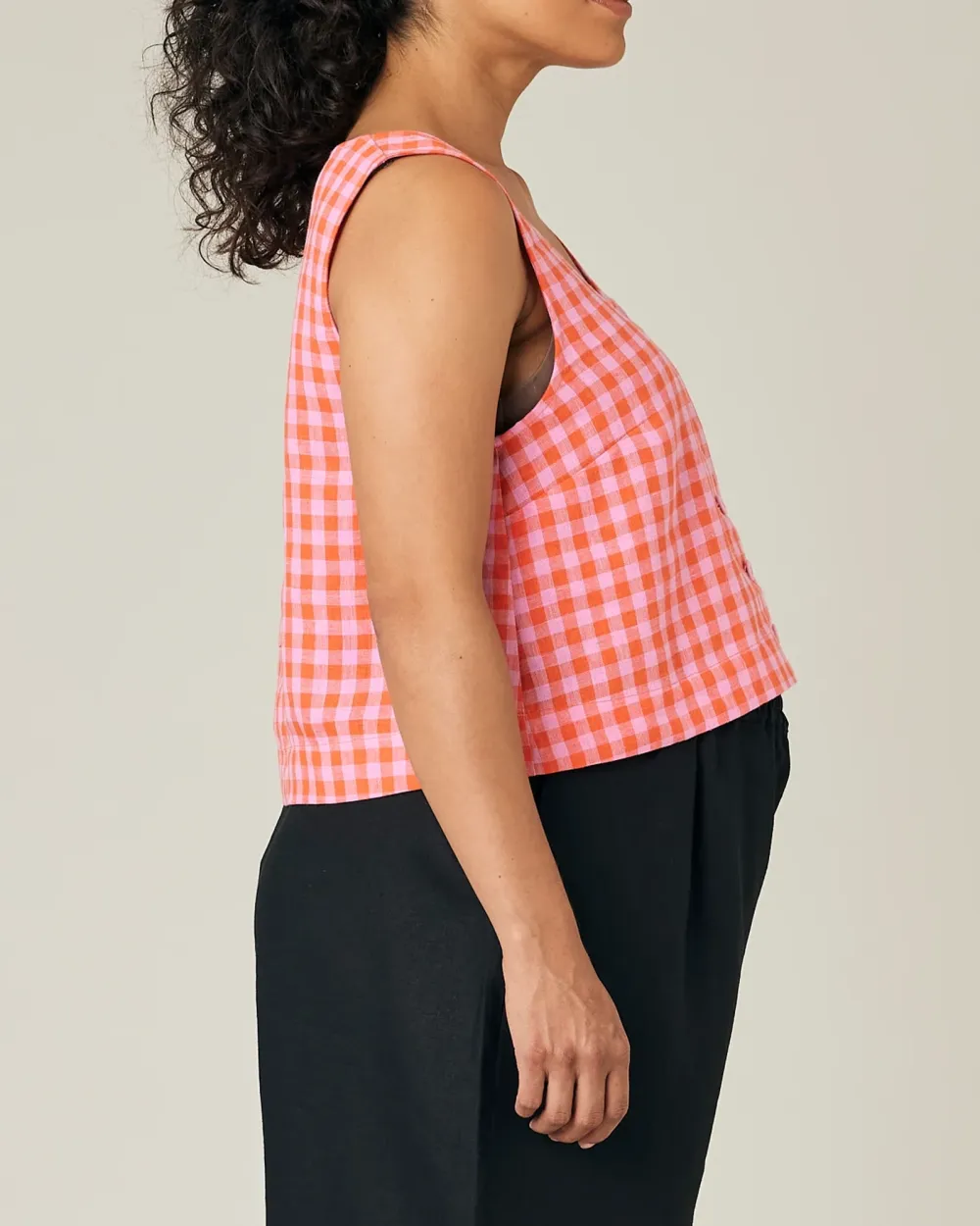 BETTY TOMATO & PINK CHECK LINEN TOP