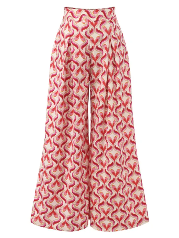 RED 1960S HEART OP ART WIDE-LEG PANTS