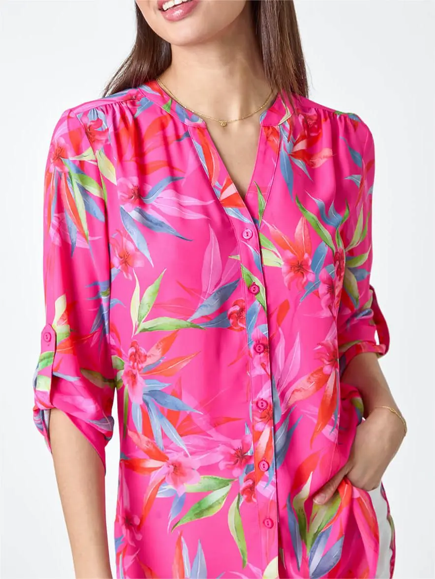 Cerise Floral Print Longline Blouse