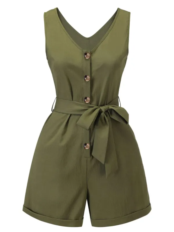 ARMY GREEN 1950S V-NECK BUTTON WAIST TIE ROMPER