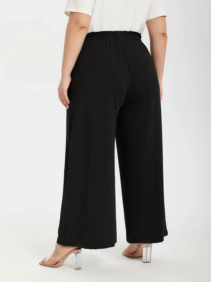 Plus Plain Paperbag Waist Kont Front Pocket Wide Leg Pants