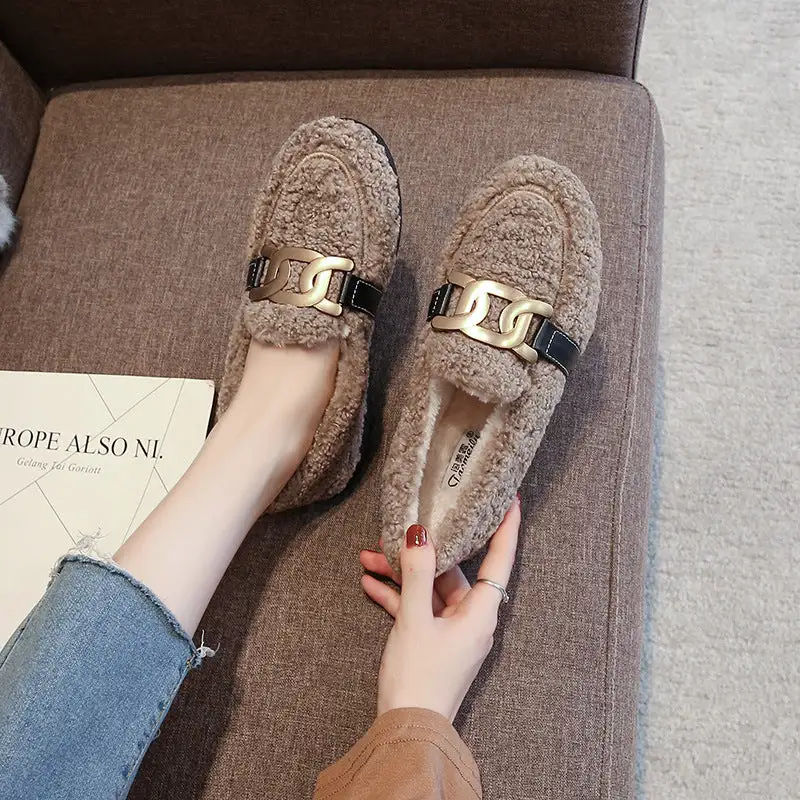 Furry Outer Wearing Flats Loafers Elk Decor Backless  Wild Fluffy Flat Mules Warm