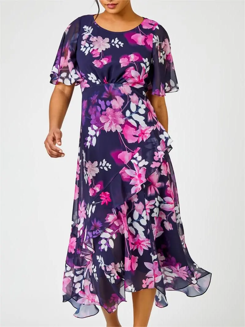 Navy Floral Chiffon Frill Asymmetric Midi Dress