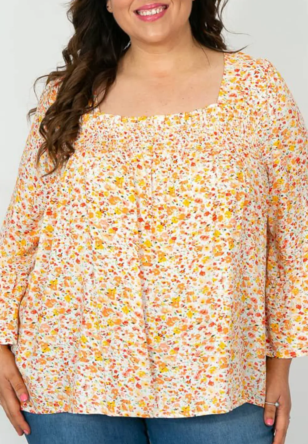 Orange and Yellow Ditsy Shirred Neck Top