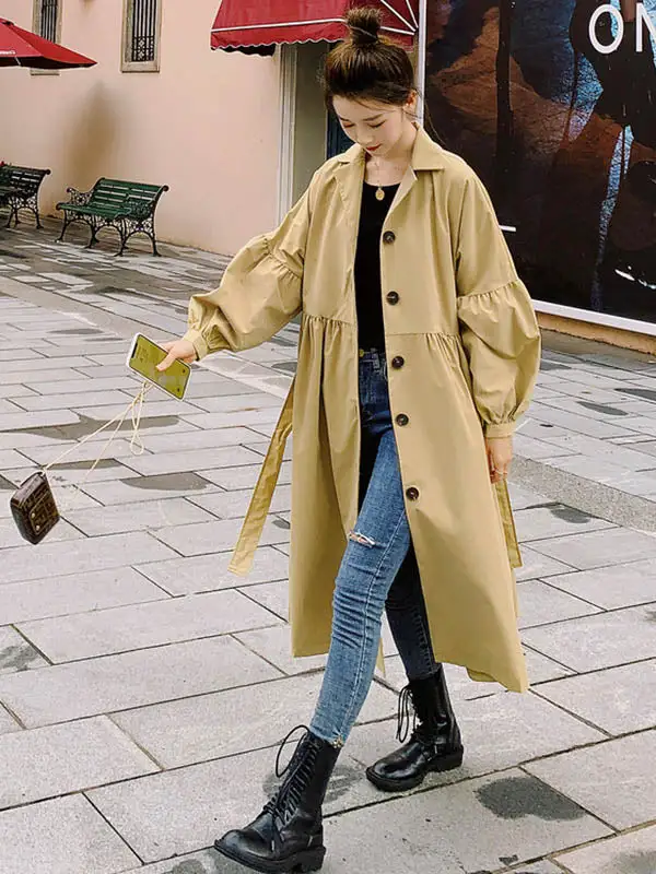 Casual Lose Tied Buttoned High-Waist Notched Collar Long Bishop Sleeves Trench Coat