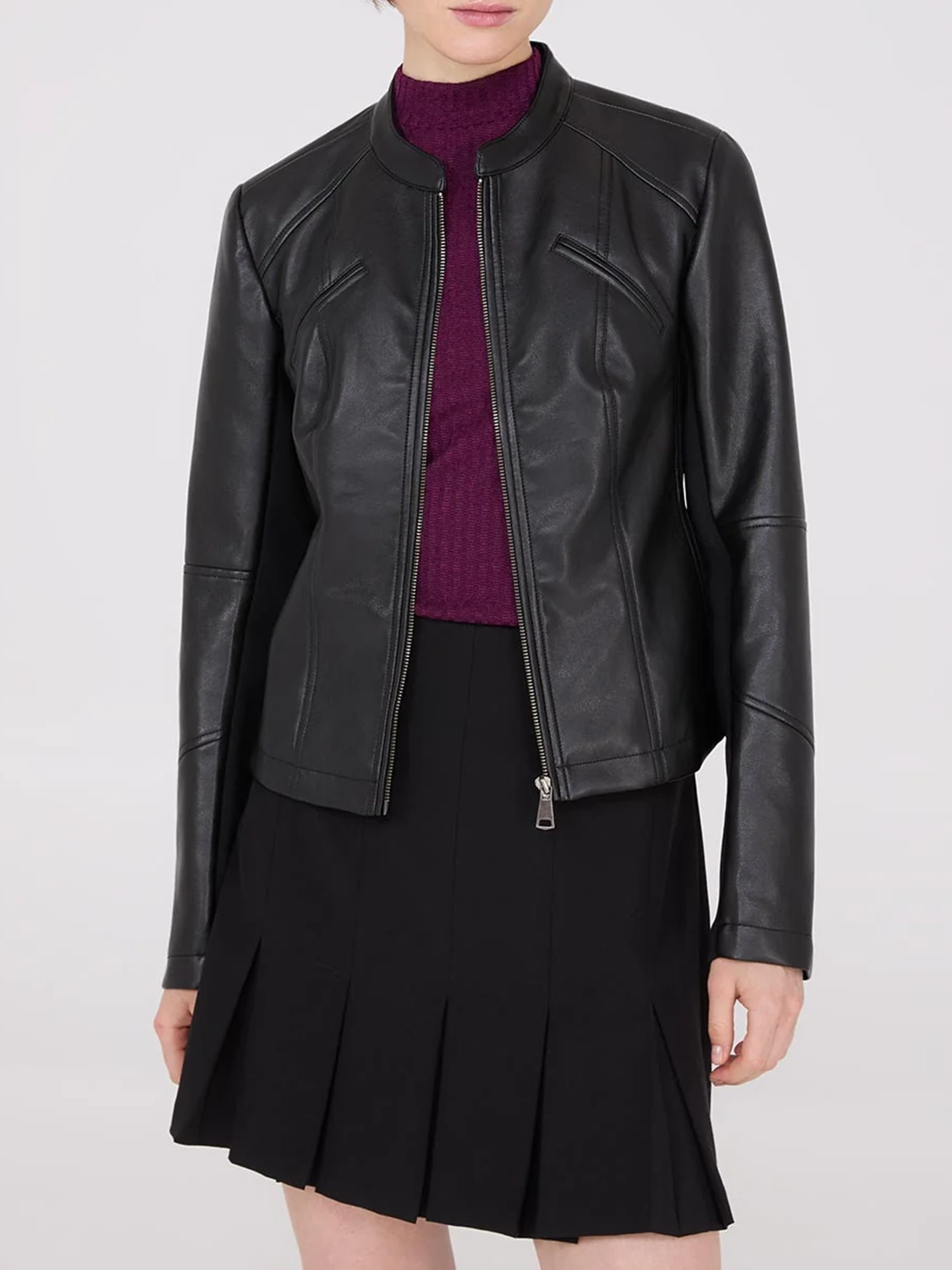 Collarless Faux Leather Jacket