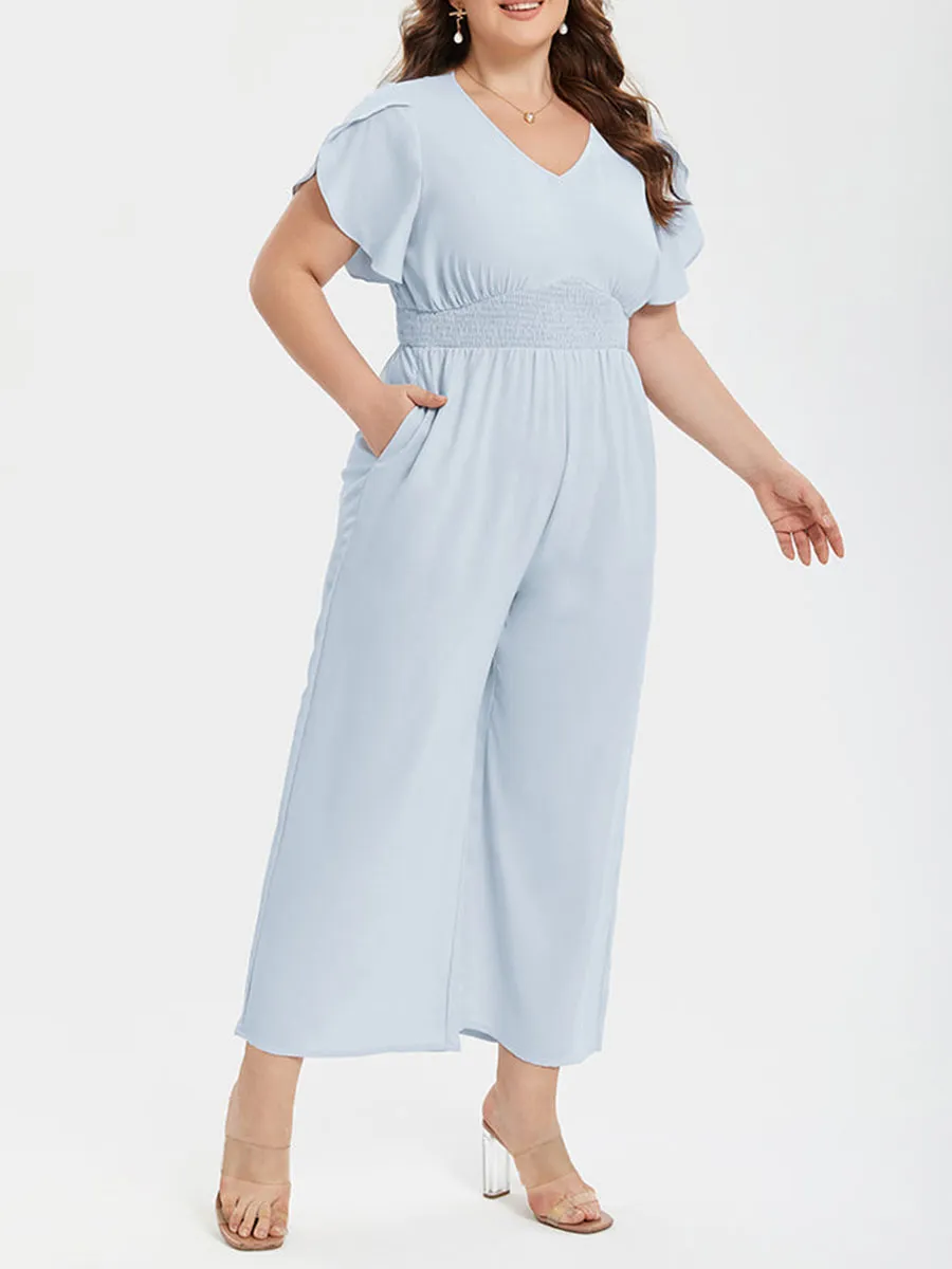 Plus Patchwork V-Neck Tulip Sleeve Pocket Jumpsuits