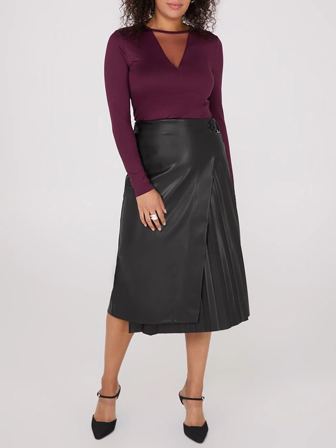 Faux Leather Wrap Midi Skirt