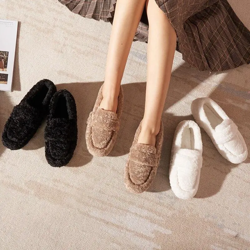 Winter Warm  Flock Flat Shoes Casual Loafers Slip on Furry Outer Wearing Flats Loafers Fluffy Flat Mules Warm