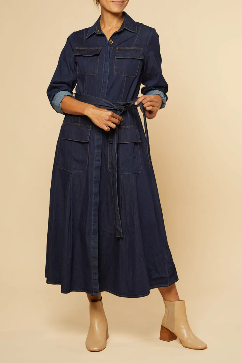 River Chambray Pocket Dress in Dark Wash