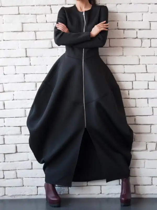 Split-Joint Zipper Round-Neck Maxi Dress Coat Bubble Dress