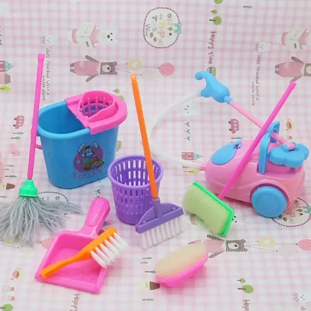 Free Shipping 9pcs/set Mini Cleaning Set Doll House Decoration Home Furniture Furnishing Cleaning Cleaner Kit For Doll House