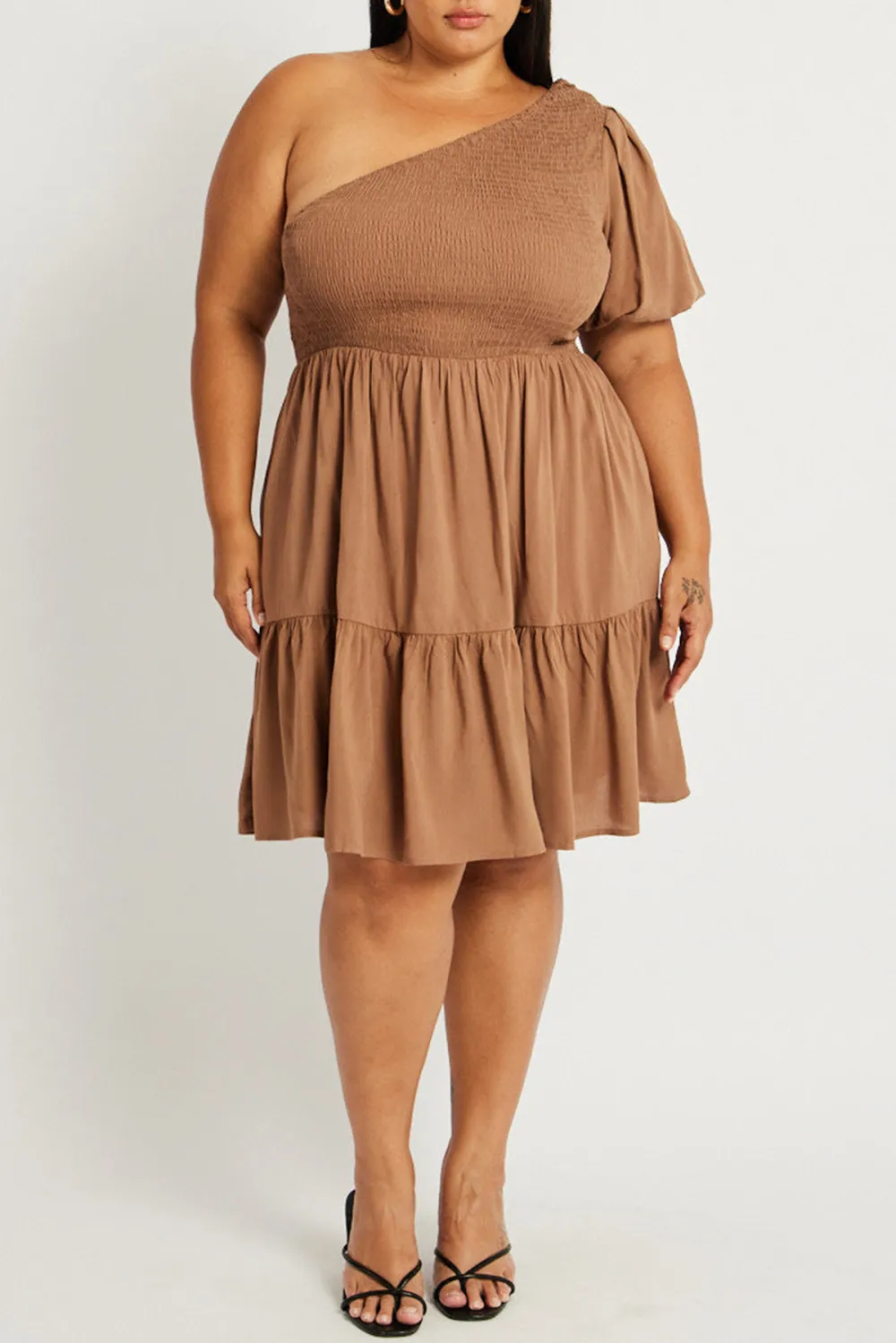 Brown One Shoulder Dress Shirred Bodice Pockets