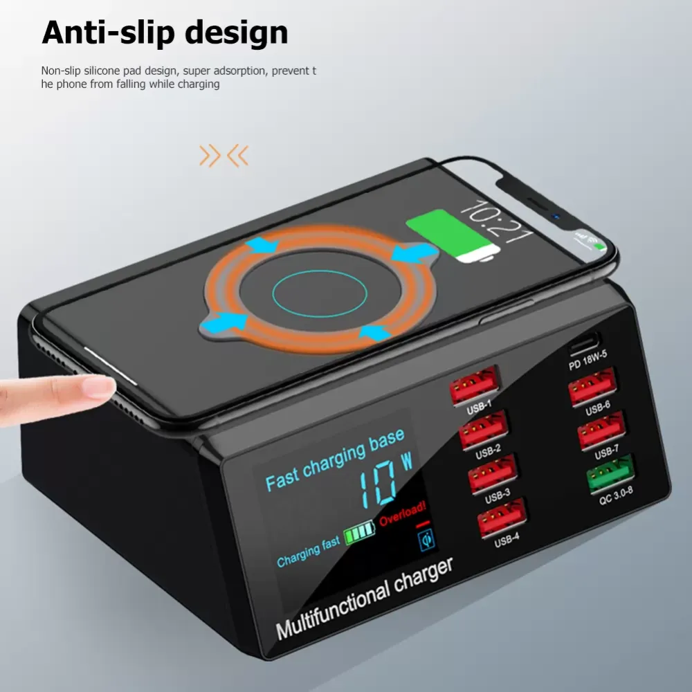 European / American 100W 8-port USB charger hub PD fast charging adapter LED digital display desktop charging station wireless