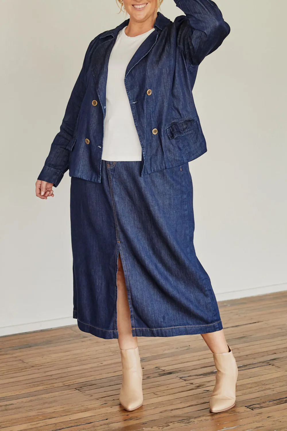 Adrift Split Tencel Skirt in Dark Wash