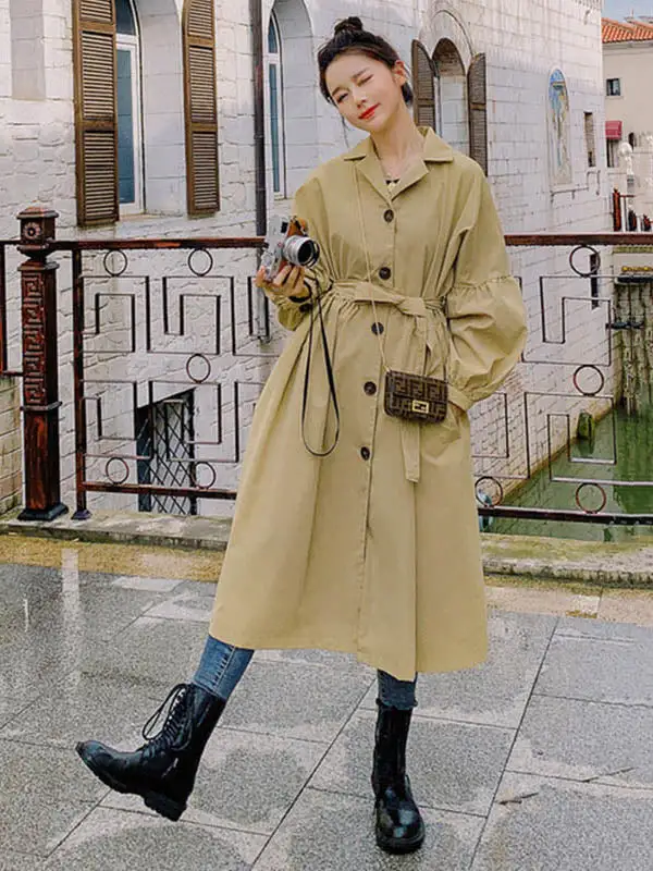 Casual Lose Tied Buttoned High-Waist Notched Collar Long Bishop Sleeves Trench Coat