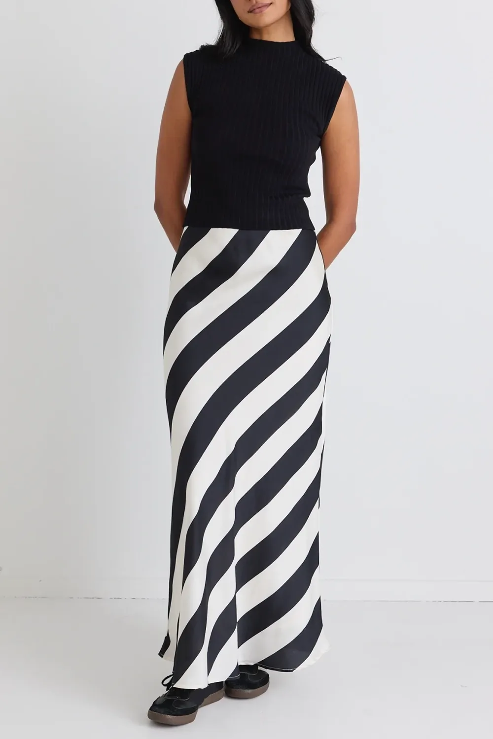 Fiery Black Stripe Satin Bias Maxi Skirt