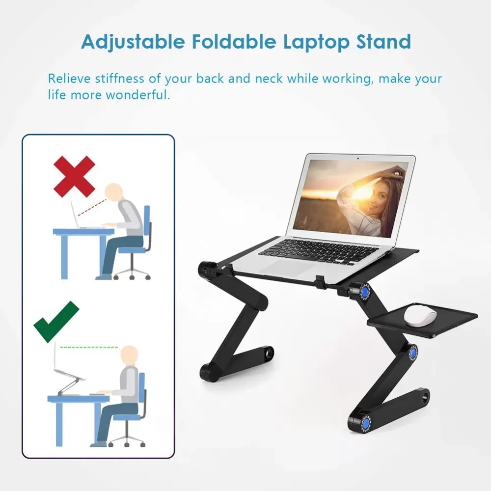 Portable Folding Aluminum Laptop Desk Stand Adjustable Notebook PC Working Table Bracket with Mouse Tray for Bed Sofa Couch