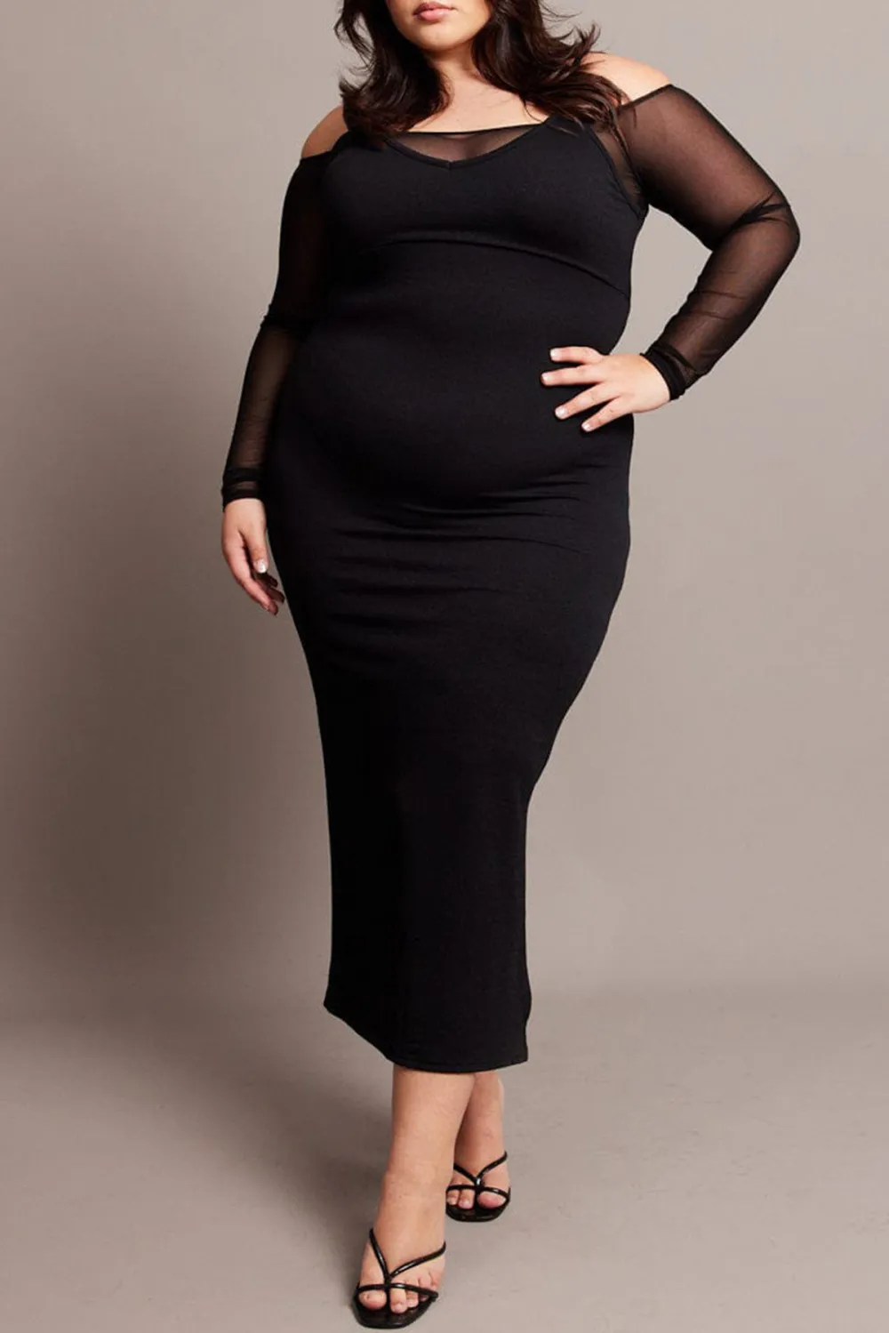 Black Cold Shoulder Bodycon Maxidress With Mesh Sleeves