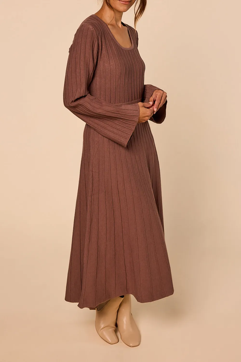 Waisted Knitted Dress in Cacao