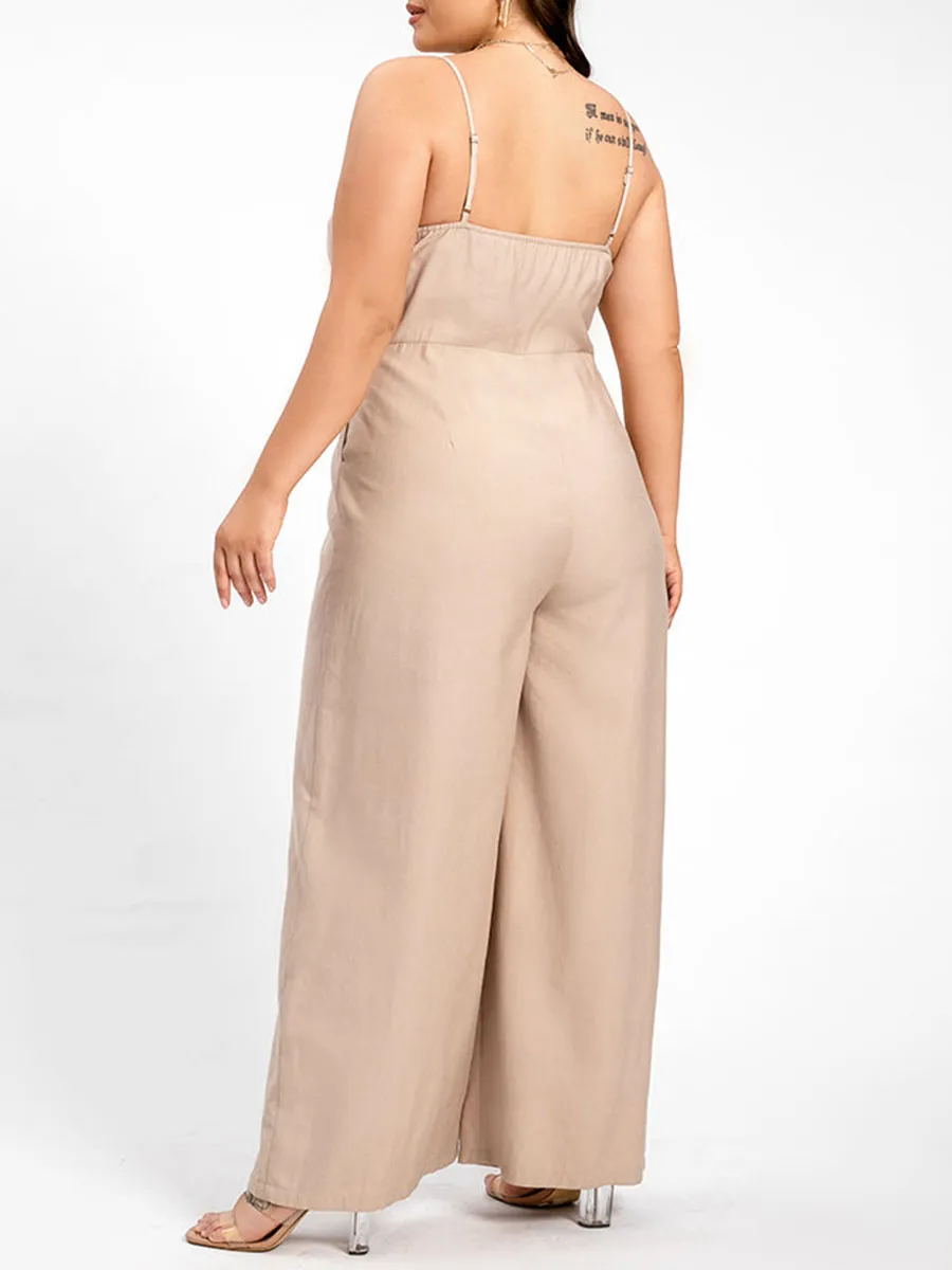 Plus V-Neck Button Pocket Cami Jumpsuit