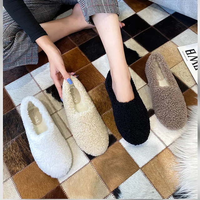 Furry Outer Wearing Flats Loafers Belt Buckle Decor Backless  Wild Fluffy Flat Mules Warm