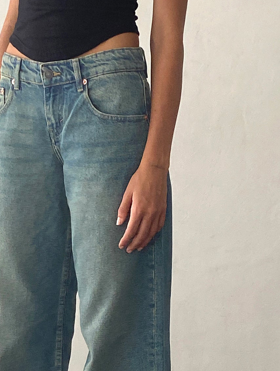 Vintage Blue Green Low Rise Parallel Jeans