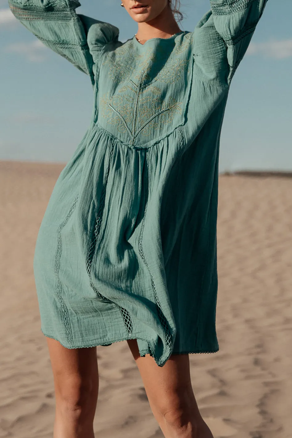 SERENDIPITY EMBROIDERED DRESS IN LIGHT TEAL