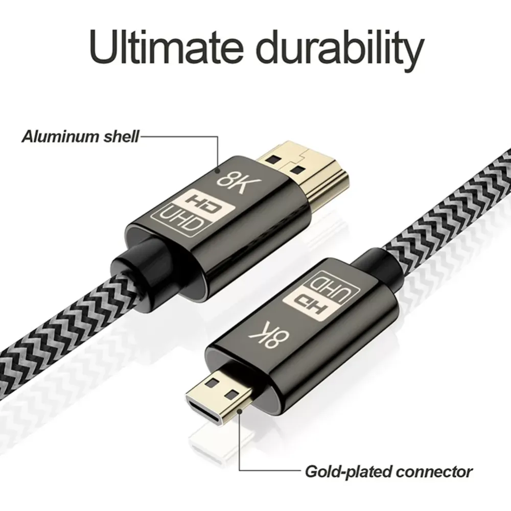 8K 60Hz Micro HDMI to HDMI Adapter Gold Plated Male Type D to Male Type A HDMI 2.1 Cable Supports 3D Ethernet for laptop and pc