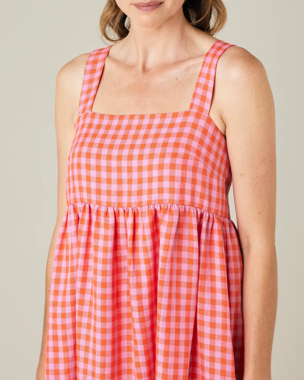 TOMATO & PINK CHECK LINEN DRESS