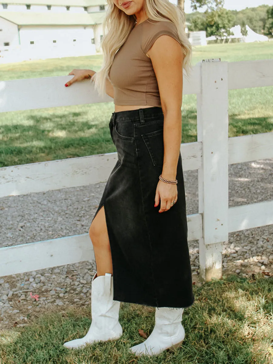 High Waist Denim Midi Skirts